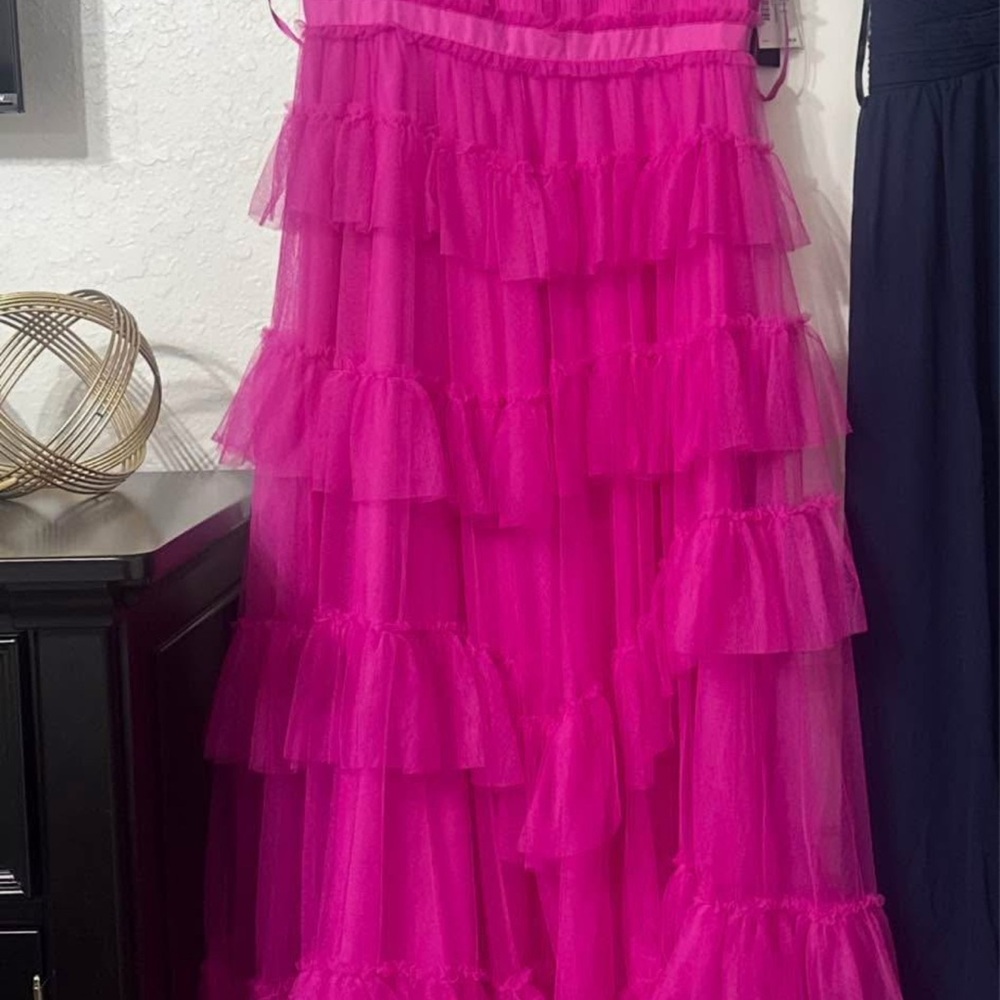 Betsy & Adam Women's Long Ruffle Tier Mesh Evening Dress